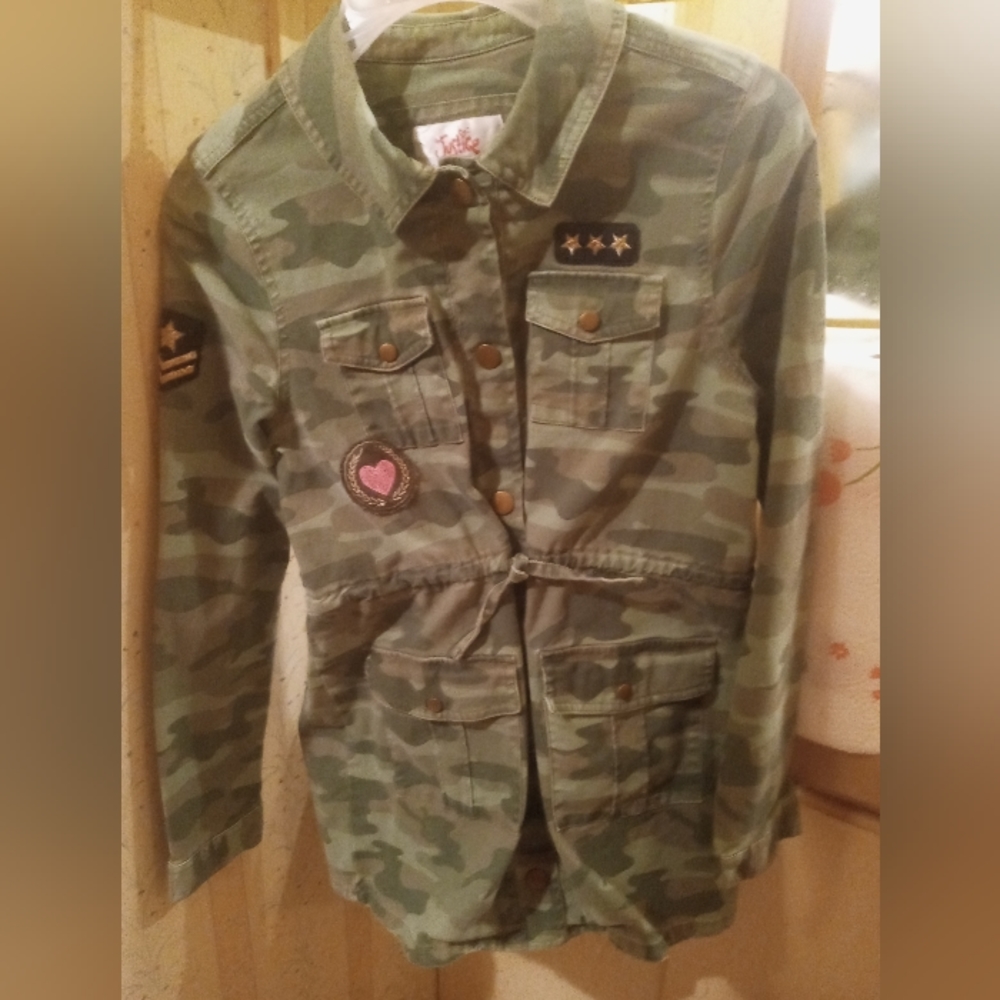Girls size 12/14 Trendy Justice brand  camouflage jacket, detailed embellishment